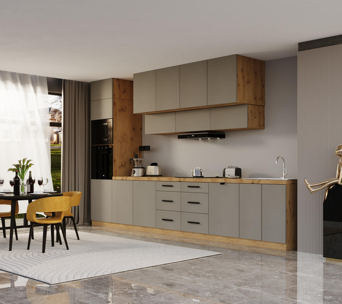 KÜCHENZEILE 440 cm - Langen KL8-M440 in Beige/Matt - Beige/Schwarz, Holz/Metall (440/248/58cm)