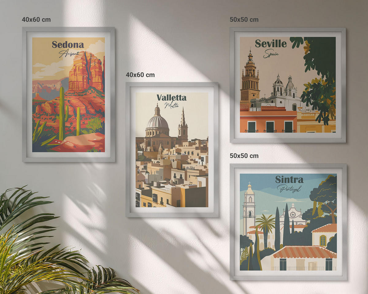 BILDER SET 4er Set - 50x50 cm & 40x60 cm Silberner Rahmen - Retro-Stadtansichten Sedona Sintra - Silberfarben, Kunststoff (50/50cm) - TULUP