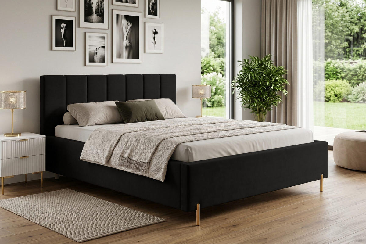 POLSTERBETT GABRIELLE 200/200 in Velours Schwarz - Schwarz, Holz/Holzwerkstoff (200/200cm) - Deine Möbel 24