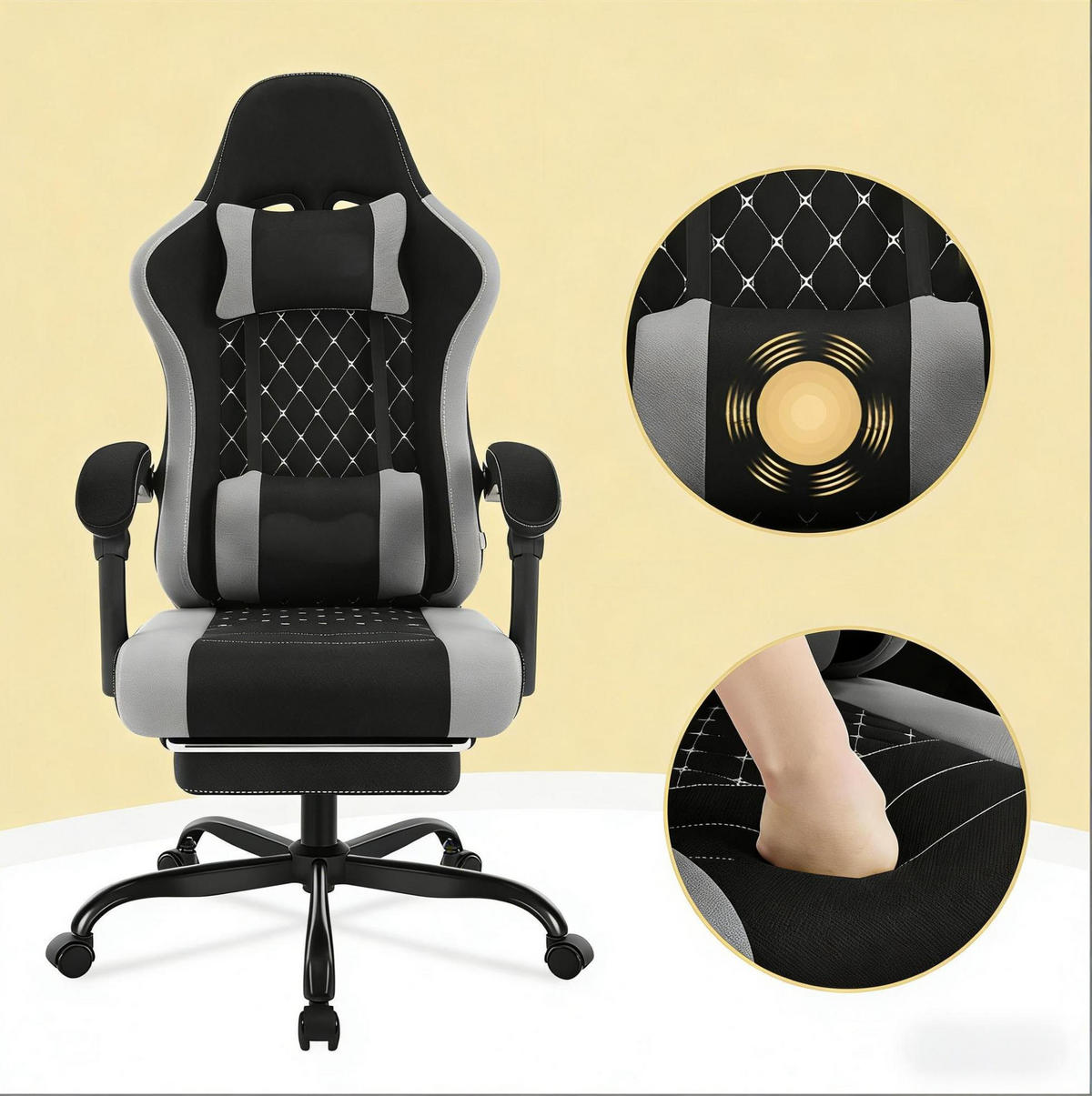 BÜROSTUHL ergonomisch mit Massagefunktion 70 x 70 x 127 cm Black + Gray - Schwarz, Metall (70/127/70.1cm) - Meubliv