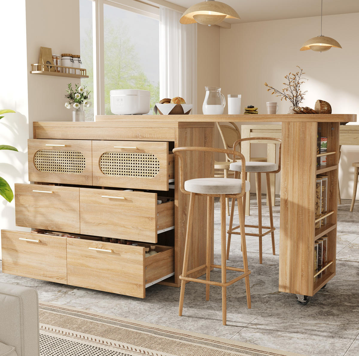 BARTISCH drehbar 128-203 cm Natural MDF/Metall mit 6 Schubladen - Braun, Metall (203/39/90cm) - Meubliv