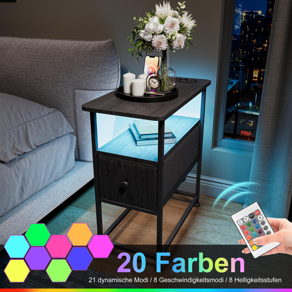 NATTDUKSBORD Svart LED USB 1 Låda - Svart, Metall (30/62/60cm) - SHOPENTRA