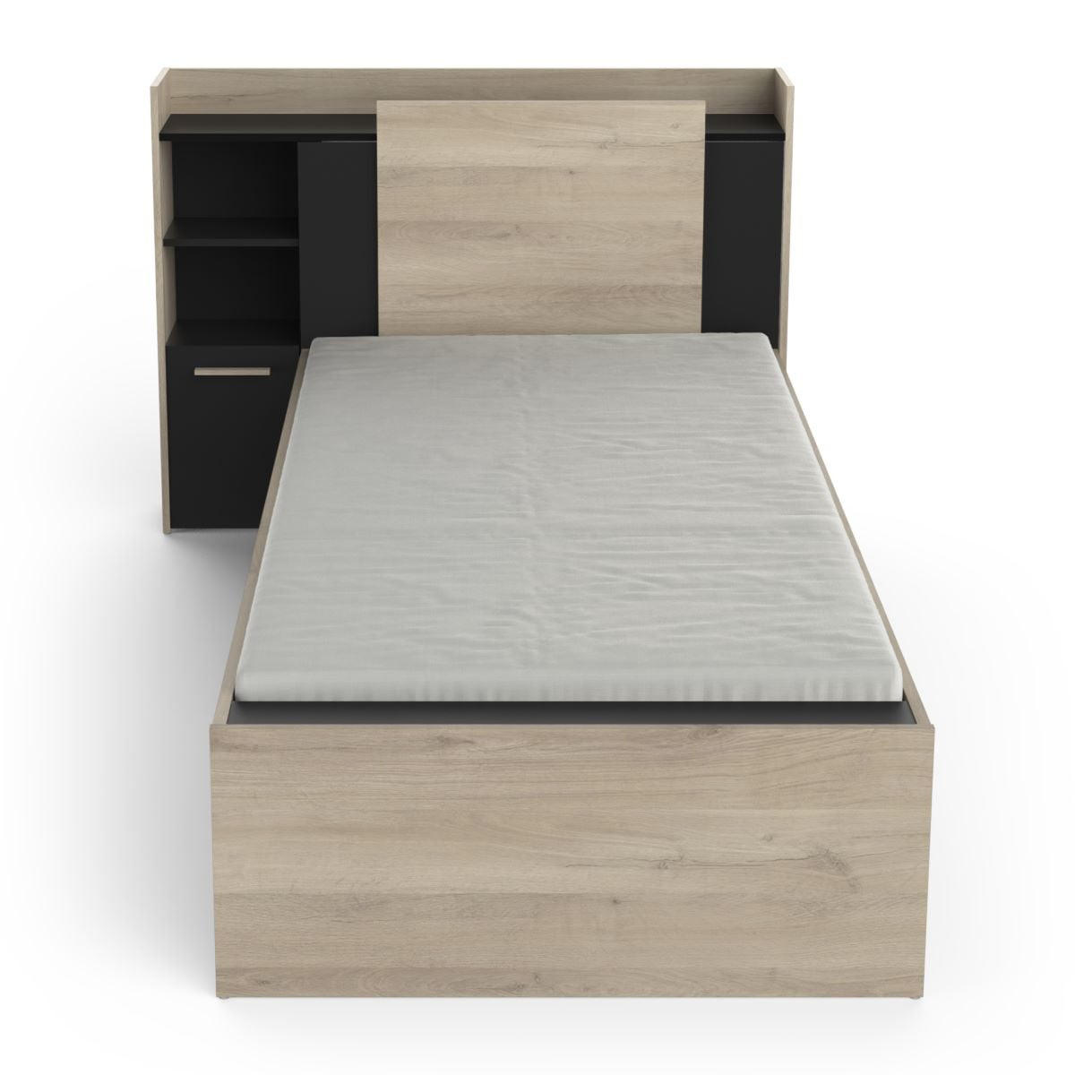 BETT in 90x190/200 cm 1 Schublade und 1 Nische - L124,5 cm - Eichefarben/Schwarz, Holzwerkstoff (190/90cm) - Calicosy