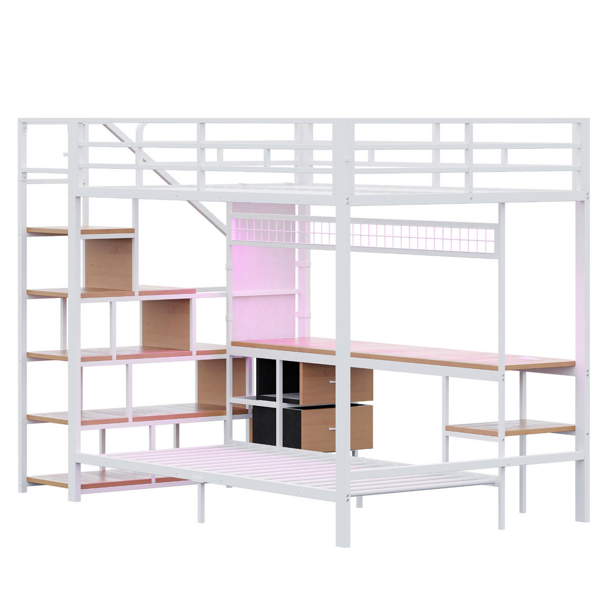 HOCHBETT aus Metall und MDF 140x200/90x200 cm Weiß mit Schreibtisch, LED, Steckdosen und Stauraum - Weiß, Metall (160/200cm) - Modfu