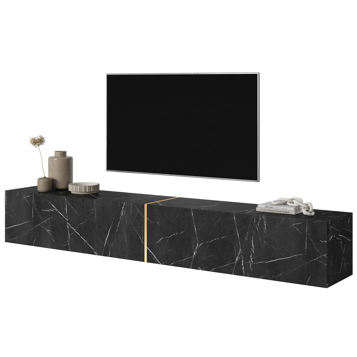 TV-LOWBOARD Bisira Schwarze Marmoroptik / Gold 200/30/32 cm - Schwarz, Holzwerkstoff (200/30/31.6cm) - Selsey