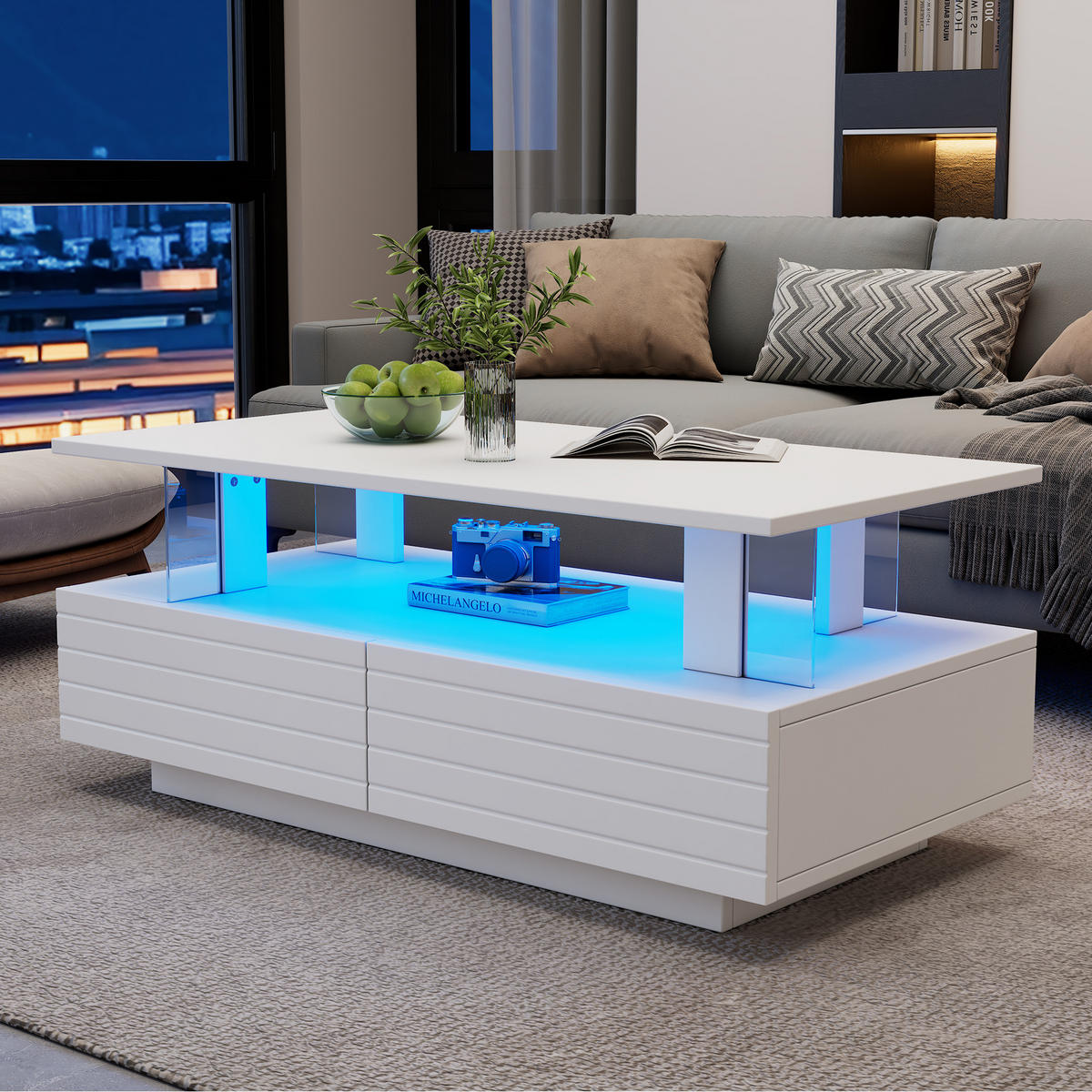 COUCHTISCH in Weiß Wohnzimmertisch mit Schubladen, LED, B100/T50/H42.5cm - Weiß, Kunststoff (50/100/42.5cm) - STILVORA