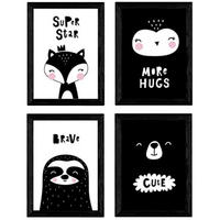 POSTER Set mit 4 Bär, faul, Eule und Fuchs Tieren A3 Schwarzer Rahmen - Schwarz, Papier (29.7/3cm) - Nacnic