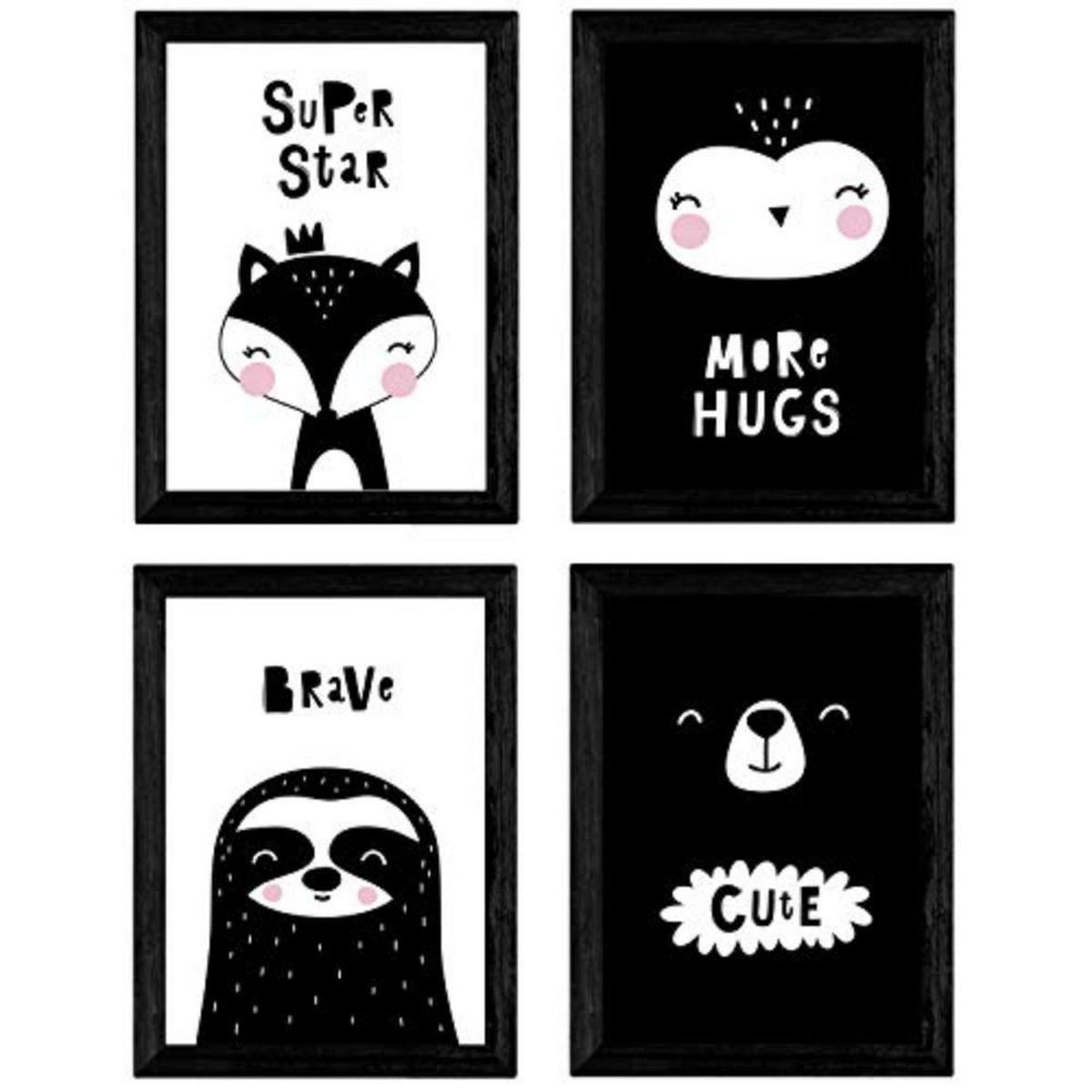 POSTER Set mit 4 Bär, faul, Eule und Fuchs Tieren A3 Schwarzer Rahmen - Schwarz, Papier (29.7/3cm) - Nacnic