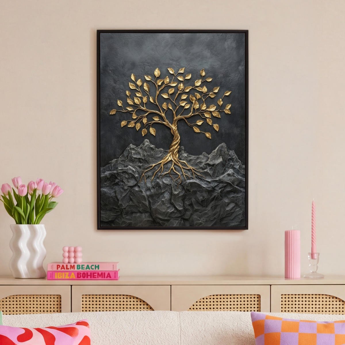 LEINWAND Bilder mit Rahmen - Blätter - Gold - Baum - Fels - 70x100 - Schwarz, Textil (70/100cm) - MuchoWow