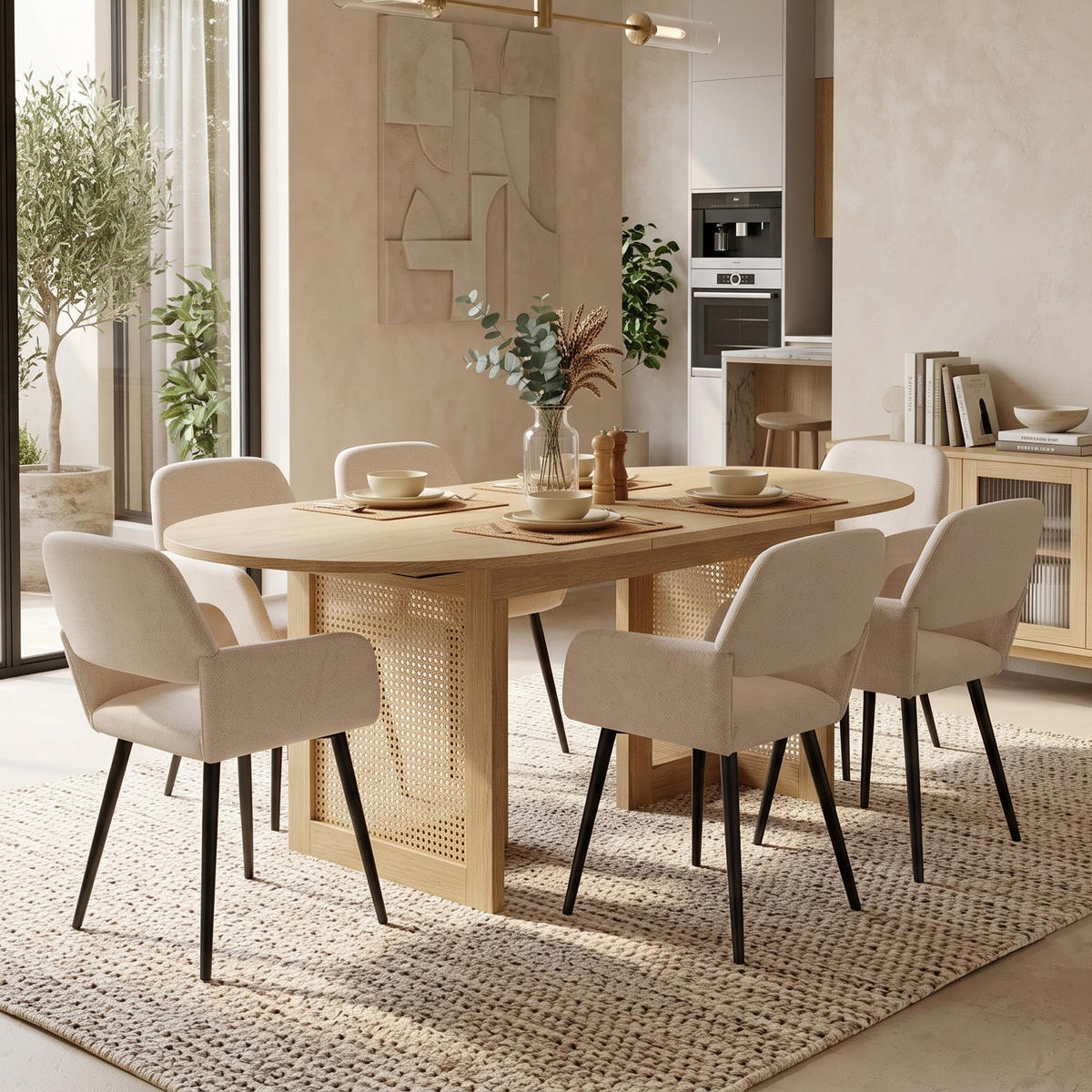 ESSGRUPPE 1+6 Ausziehbarer Tisch Eiche 150-200cm & 6 Armlehnstühle Beige - Eichefarben, Holzwerkstoff (200/75/90cm) - Urban Meuble
