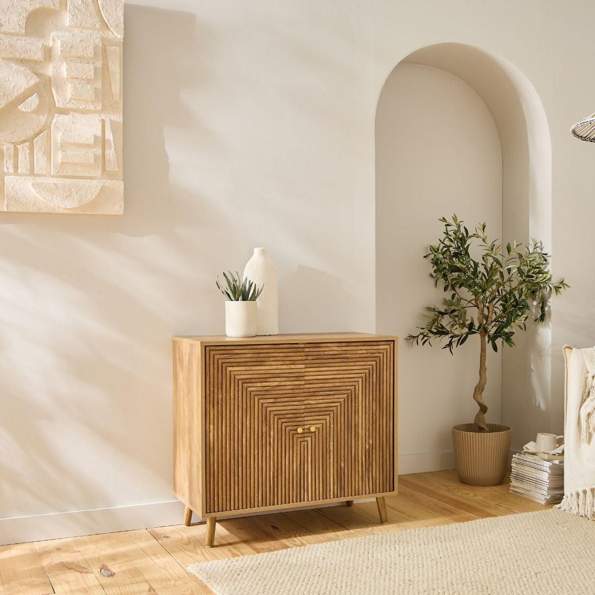 SIDEBOARD 2 Türen in Lamellenoptik in L-Form Eden 80/39/75 cm - Eschefarben, Holzwerkstoff (39/75/47cm) - Calicosy