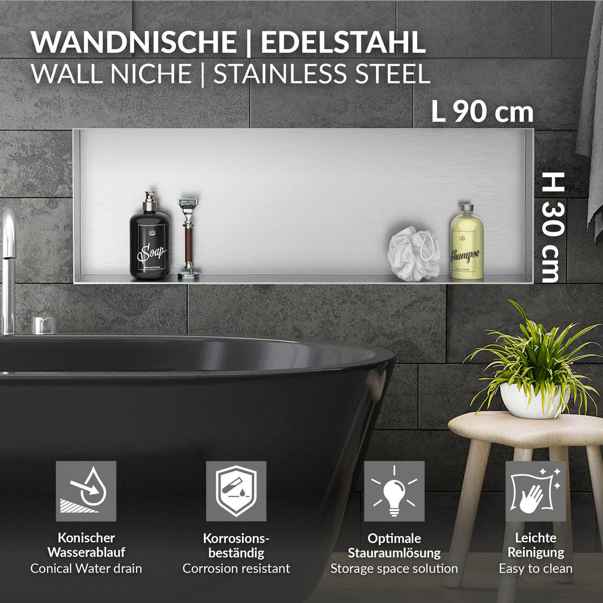 DUSCHNISCHE Silber 90/30 cm randlos - Silberfarben, Metall (90/30/10cm) - LuxeBath