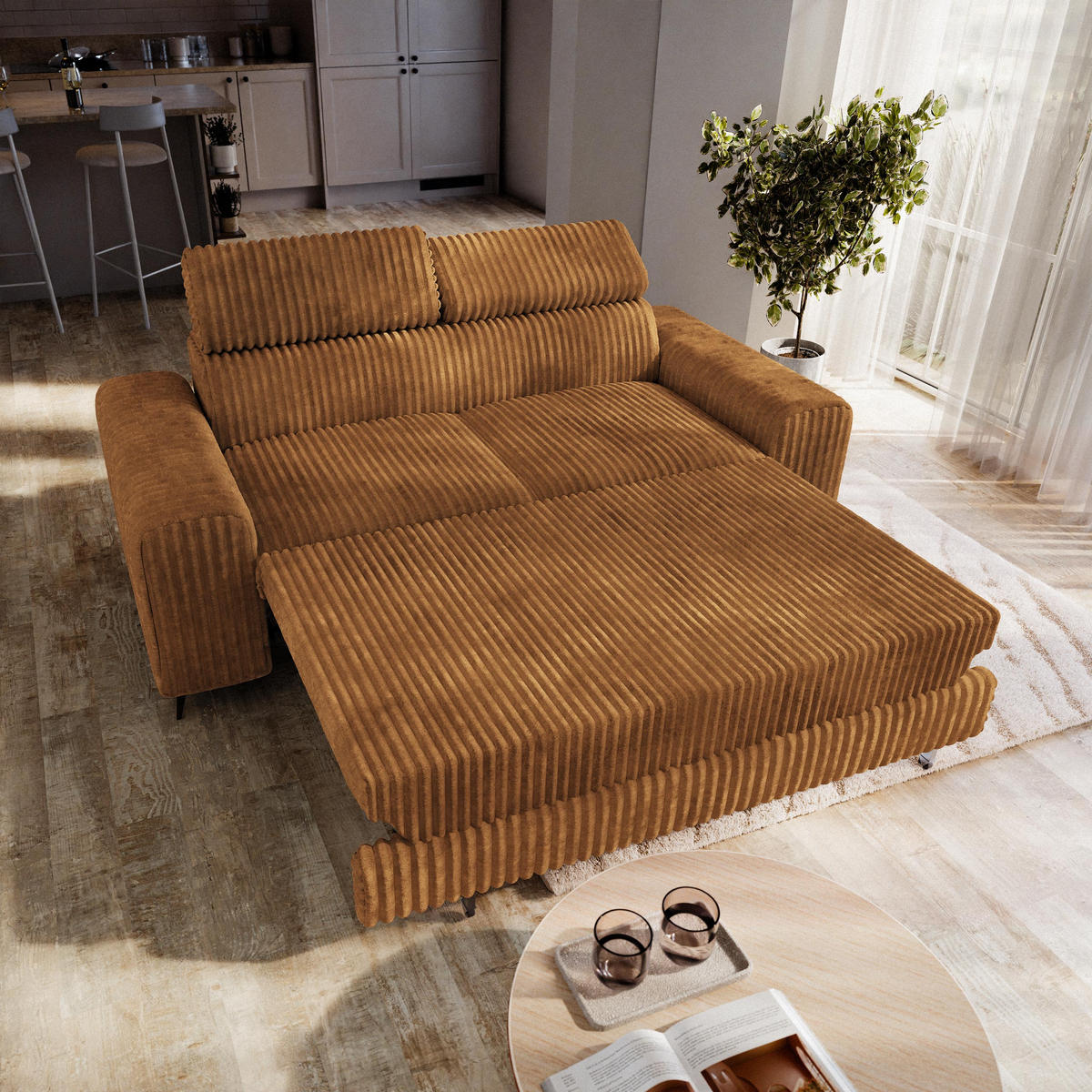 BETTSOFA BENETE Orange Cordstoff mit Schlaffunktion - Orange, Holz/Textil (191/89/92cm) - MASSENO