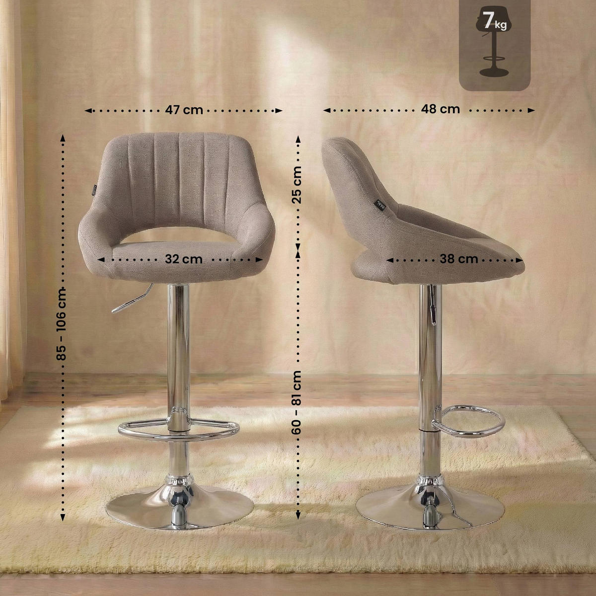 BARHOCKER Stoff Taupe - Taupe/Chromfarben, Textil/Metall (47/85/48cm) - CLP