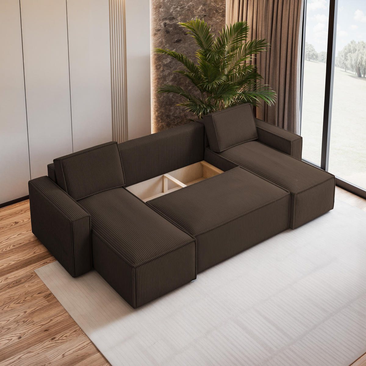 WOHNLANDSCHAFT PESANO P Braun Kordstoff mit Schlaffunktion - Braun, Holz (306/85/140cm) - MASSENO