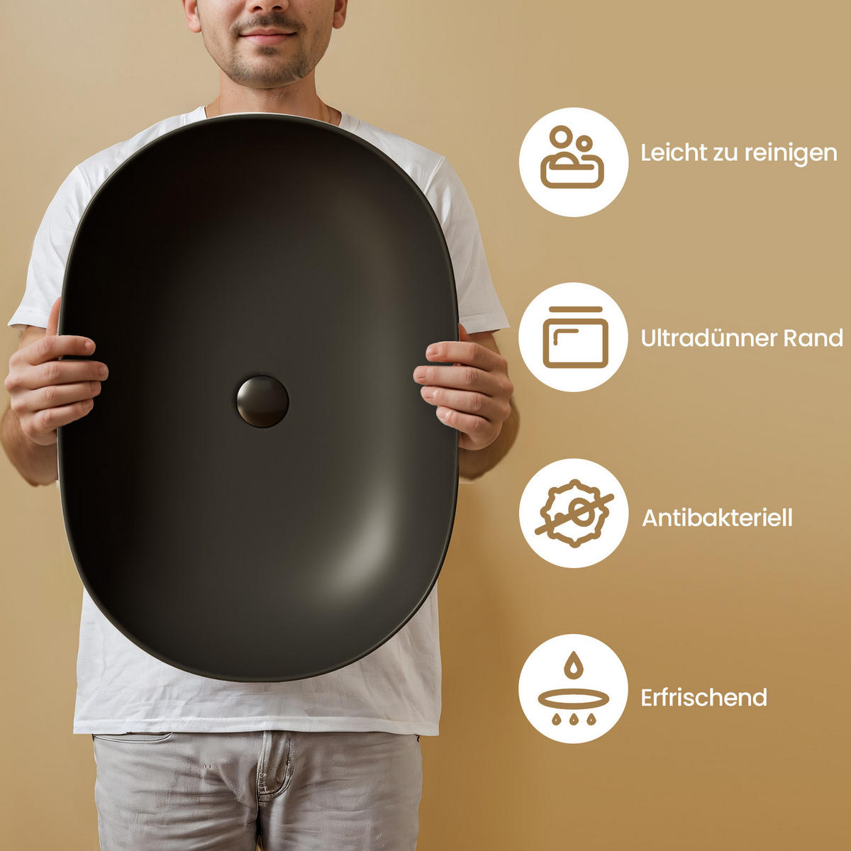 WASCHBECKEN Mattschwarz 60/41,5/13,5 cm - Schwarz, Keramik (41.5/13.5/60cm) - EMKE