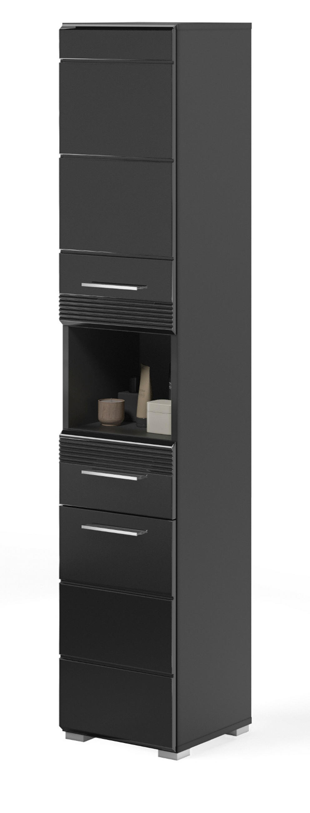 HOCHSCHRANK in schwarz Hochglanz, Badschrank 182 cm - Schwarz Hochglanz/Silberfarben, Holzwerkstoff/Kunststoff (30/182/182cm) - Inn.Furn