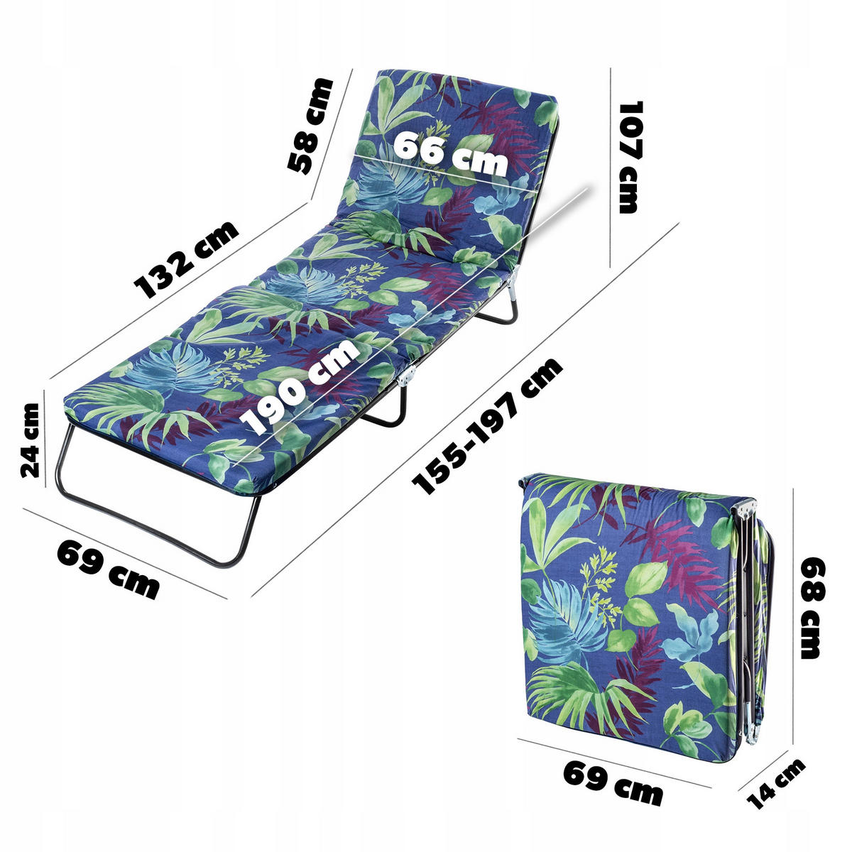 GARTENLIEGESTUHL, 69 x 197 cm, Blätter - Dunkelblau/Grün, Metall (69/197cm) - KADAX