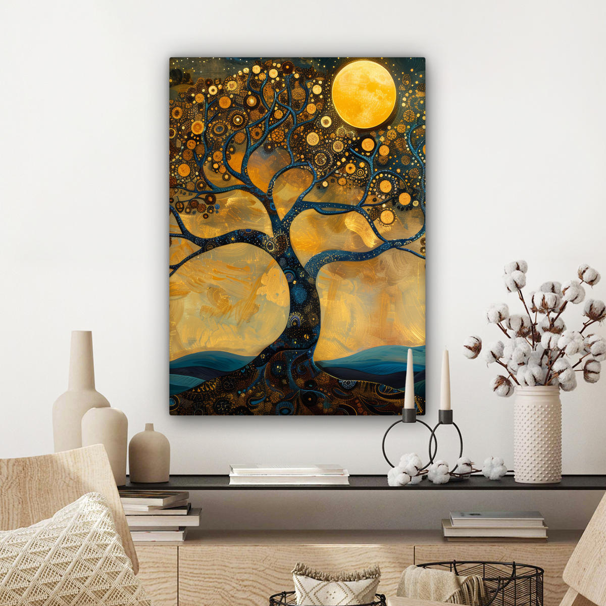 LEINWANDBILD Baum - Mond - Blumen - Gold - Kunst Wandbild Wohnzimmer 60x80 cm - Orange, Textil (60/80cm) - MuchoWow