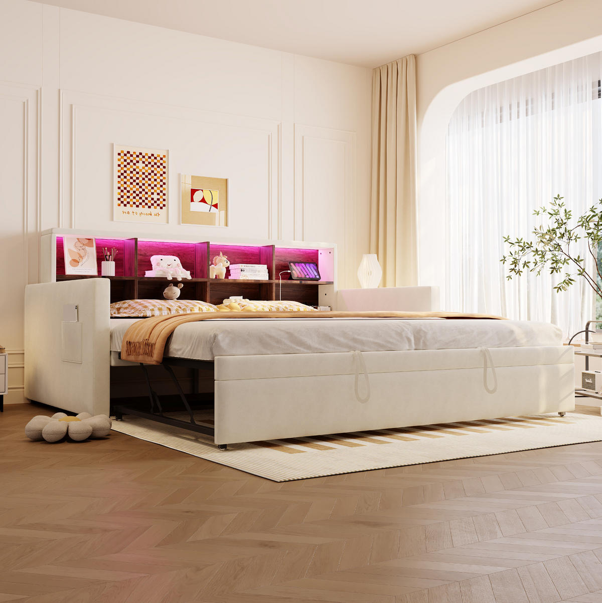 POLSTERBETT 90/190 cm aus Samt mit ausziehbarem Gästebett und LED-Kopfteil Beige - Beige, Textil (90/190cm) - Modenvie