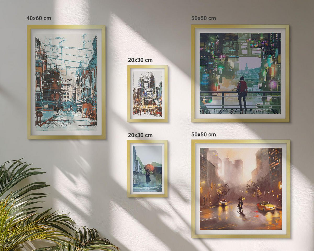 BILDER SET 5er Set - 50x50 cm & 20x30 cm & 40x60 cm Goldrahmen - Moderne, farbenfrohe Städte mit Charakteren - Goldfarben, Kunststoff (40/60cm) - TULUP