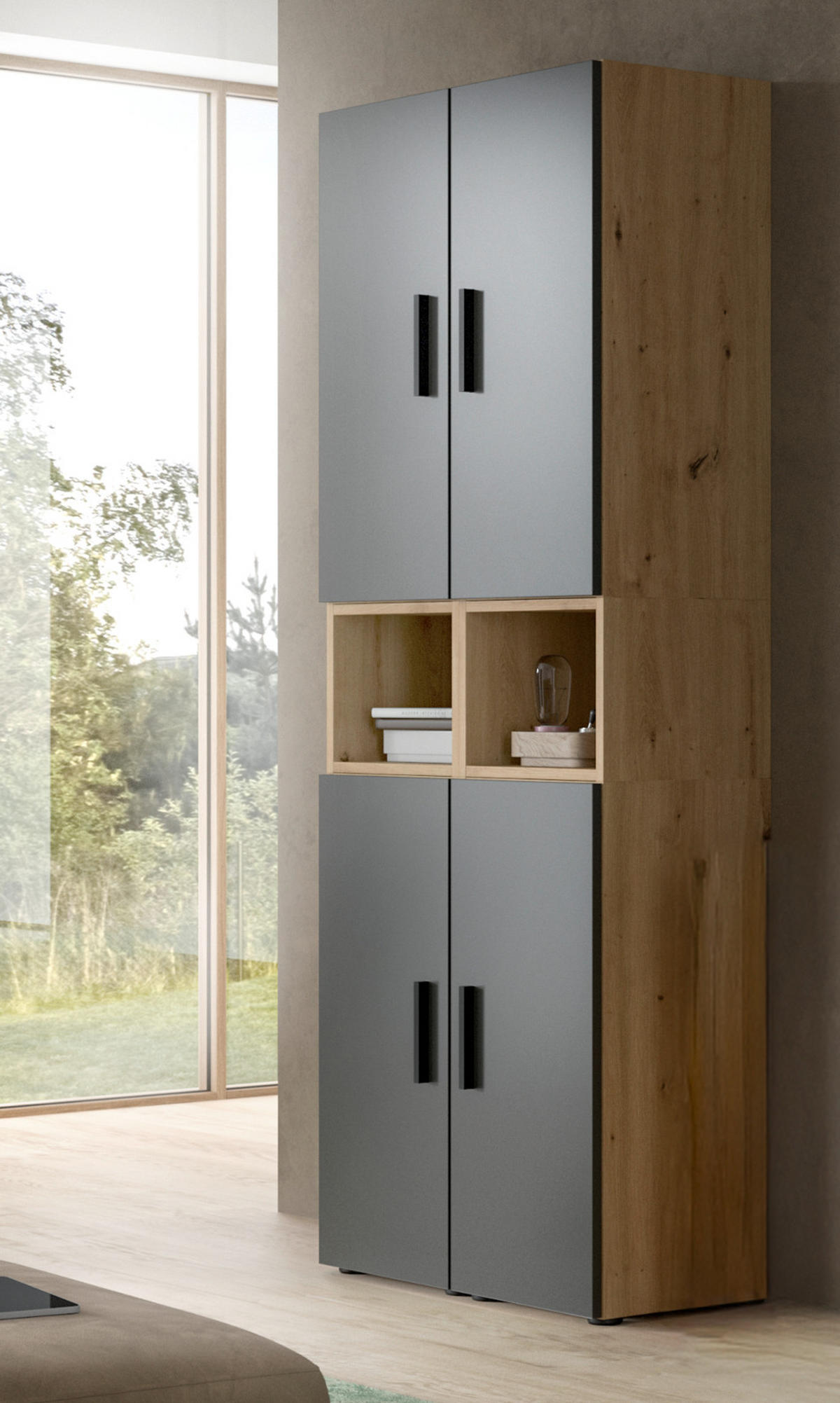 STAURAUMSCHRANK grau, Eiche Artisan 65 x 178 cm, Mehrzweckschrank mit viel Stauraum - Schwarz/Eiche Artisan, Holzwerkstoff/Kunststoff (65/178/34cm) - Inn.Furn