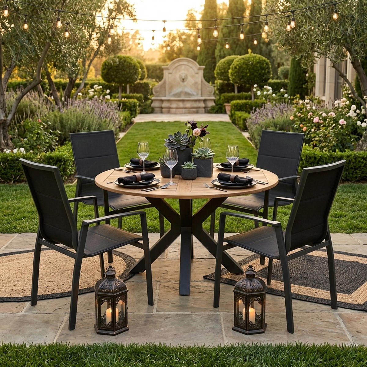 GARTENGARNITUR Canterbury - 5-teilig - Aluminium - Akazie - Kunstgewebe schwarz - Schwarz, Metall - TPFGarden