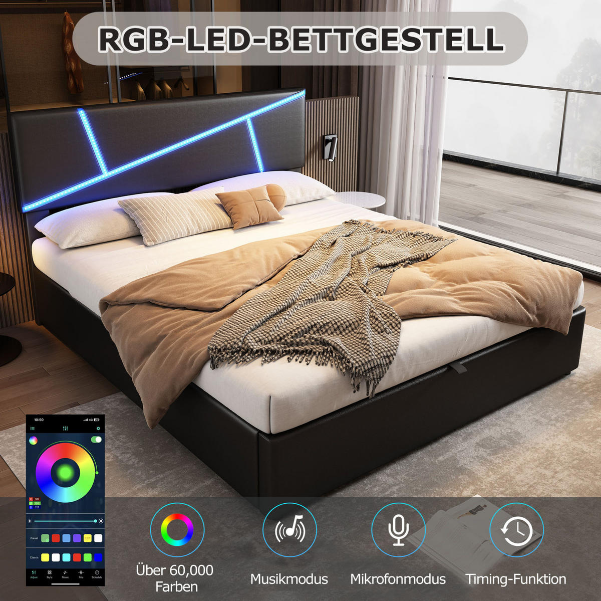 POLSTERBETT 90/200 cm mit LED-Beleuchtung, Lattenrost und hydraulischem Bettkasten, PU-Bezug, Schwarz - Schwarz, Kunststoff (90/200cm) - Redom
