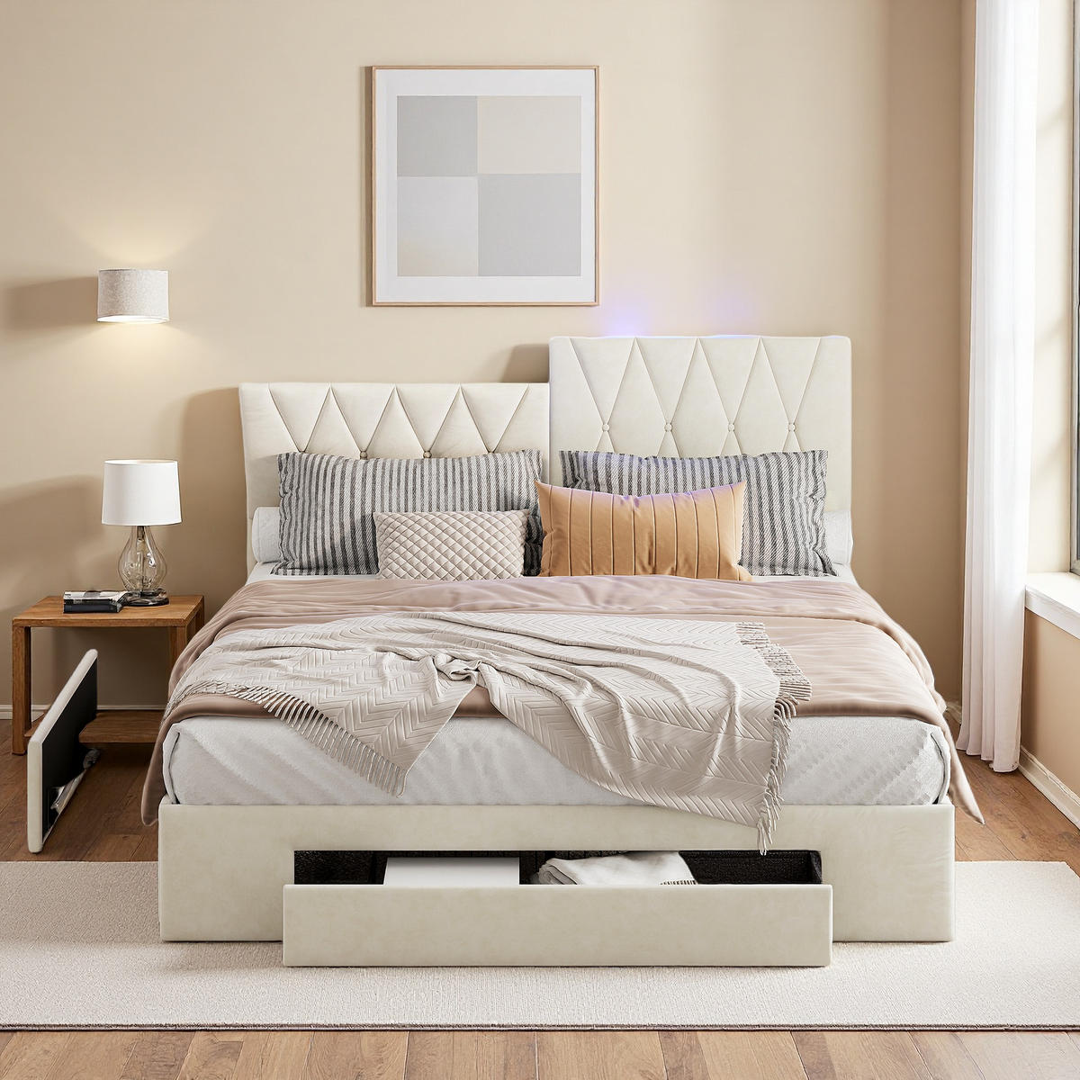ČALÚNENÁ posteľ 140x190 cm béžový zamat s USB zásuvkami - béžová, kov - SHOPENTRA