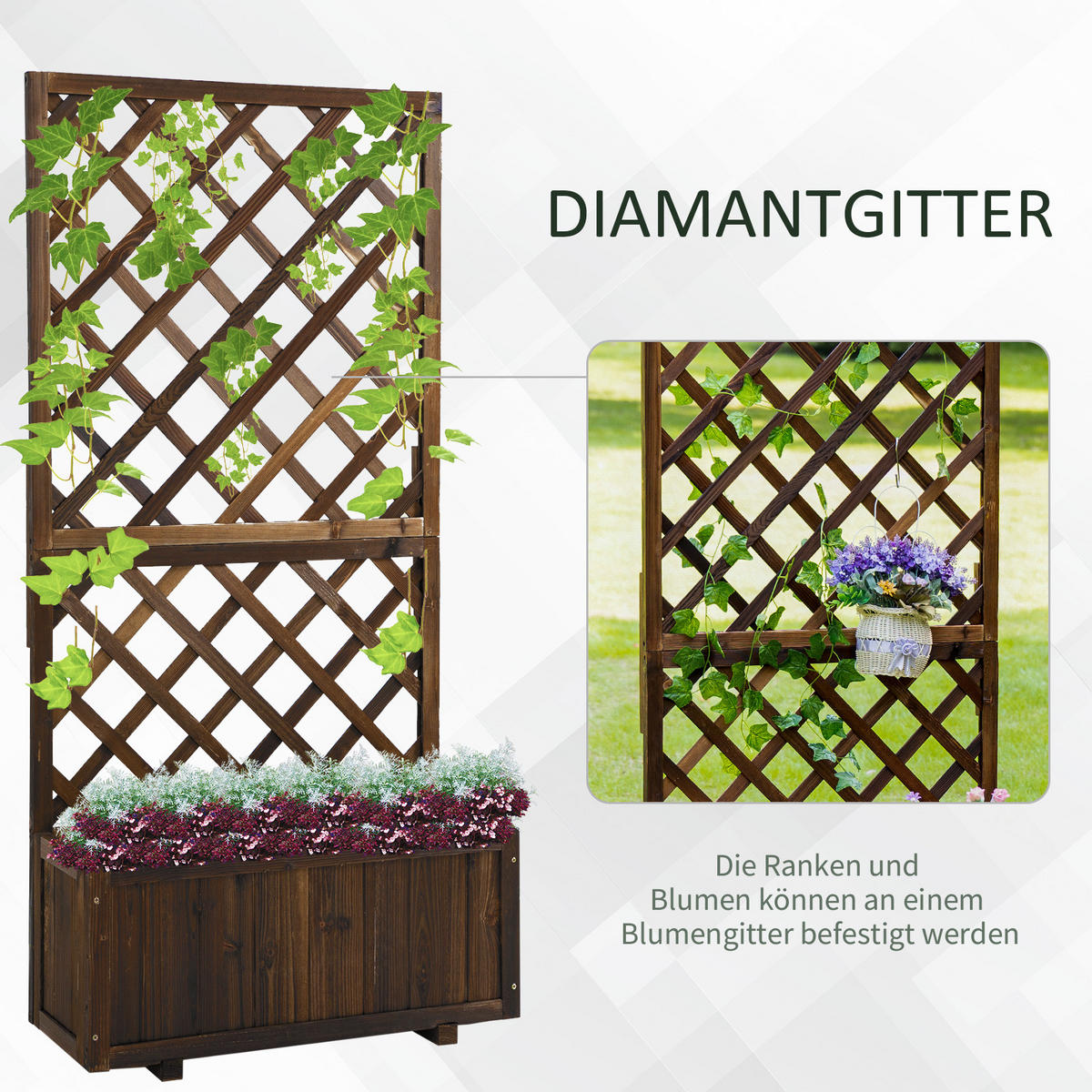 HOCHBEET Massivholz mit Rankgitter 72,5x31,5x149,5 cm - Braun, Holz (31.5/31.5/72.5cm) - ComfortXL