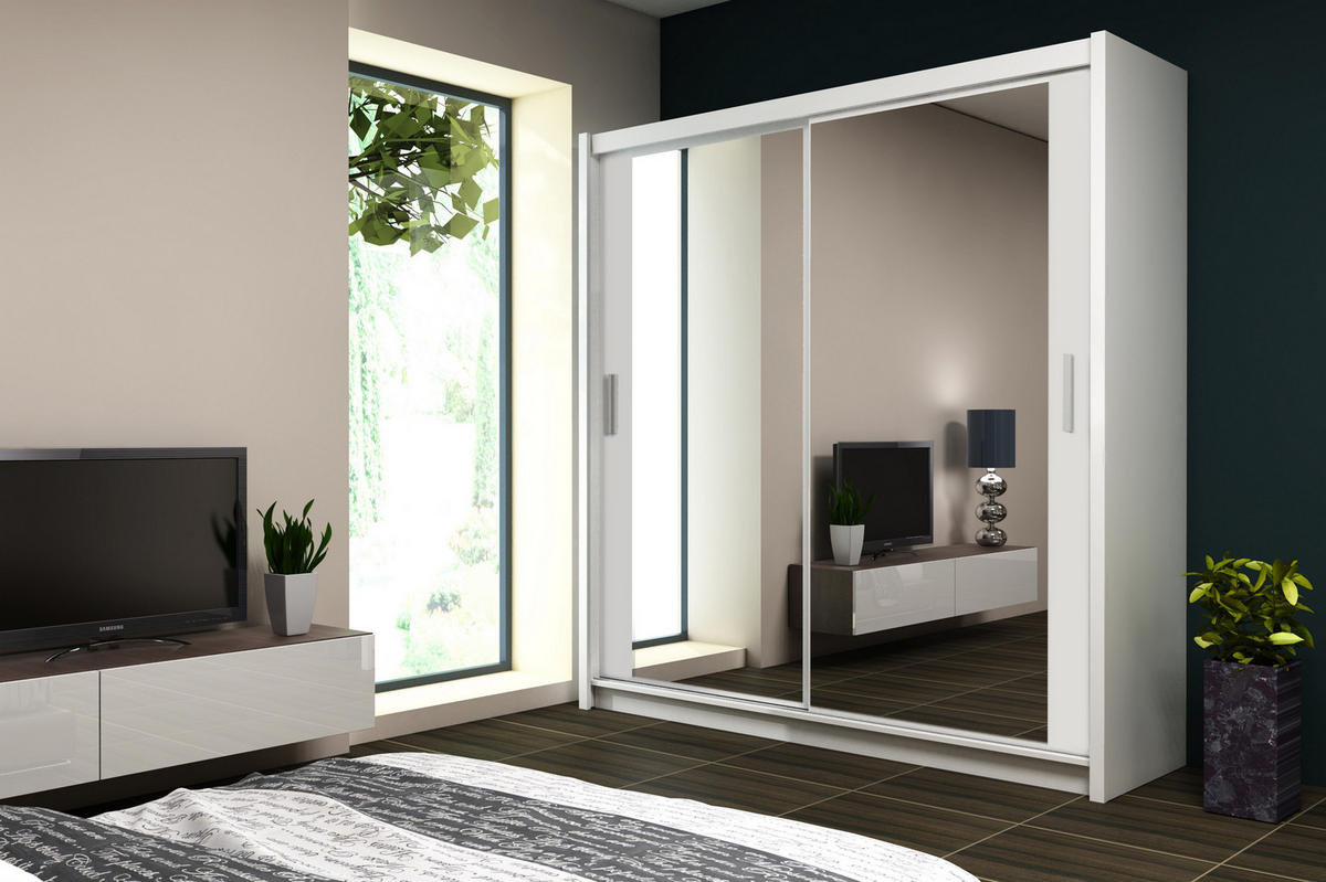 SCHWEBETÜRENSCHRANK NAMI 120/215/61 cm 2-türig mit Spiegel Weiß - Weiß, Holzwerkstoff (120/215/61cm) - MASSENO