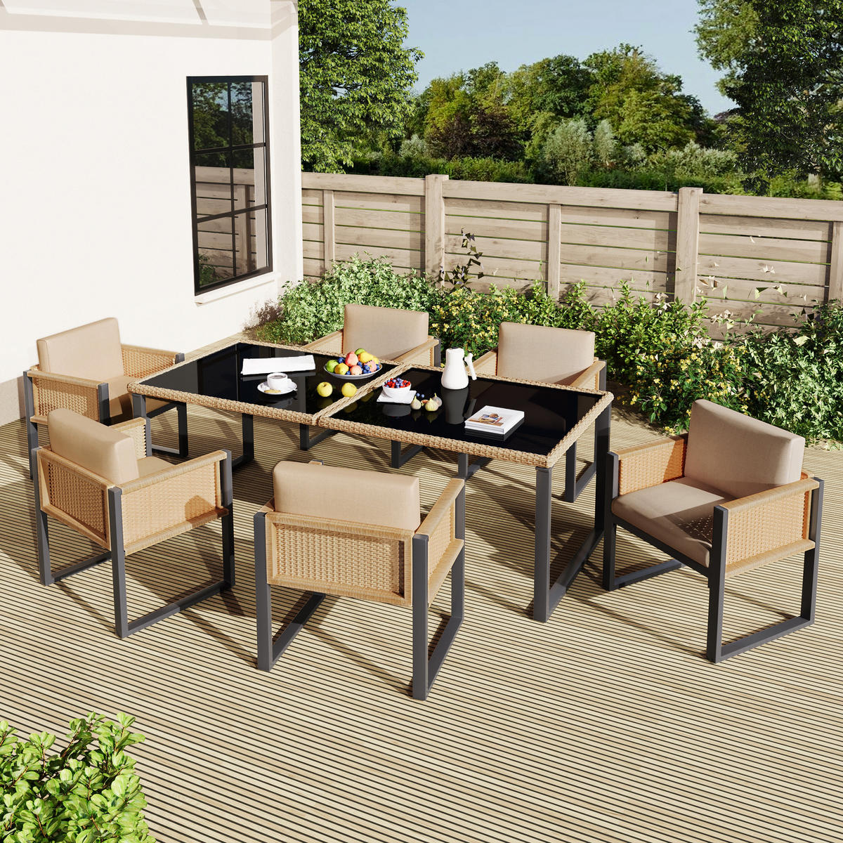 GARTENSET 6 Personen Tisch Stuhl - Schwarz, Naturmaterialien - LEBENLANG