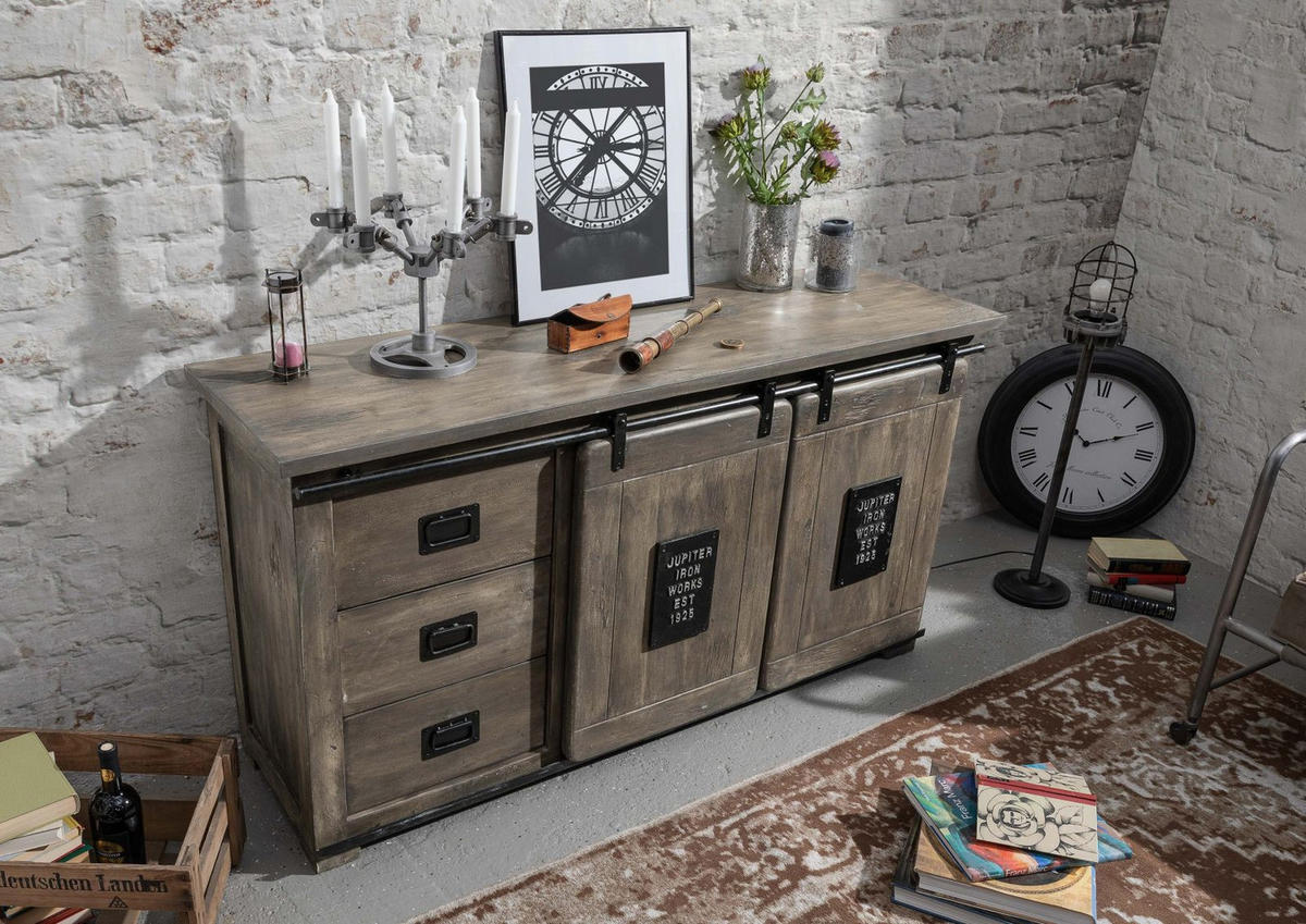 SIDEBOARD Mango 150x45x80 grau lackiert RAILWAY #200 - Grau, Holz (150/80/45cm) - Massivmoebel24