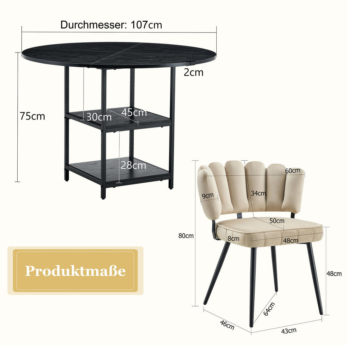 ESSTISCH-SET 5-tlg. 107 cm Schwarz/Hellbraun - Schwarz, Metall (107/75/107cm) - Meubliv