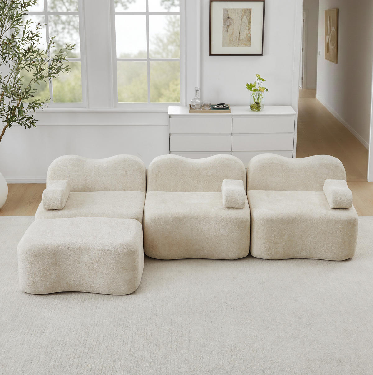 SOFA modular 2-4-Sitzer Samt Beige mit Hocker - Beige, Textil (167/288cm) - Meubliv