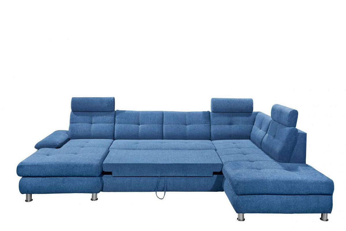 WOHNLANDSCHAFT mit Schlaffunktion, Bettkasten und verstellbaren Arm- und Kopflehnen - Chromfarben/Blau, Textil/Metall (233/88/349cm) - ed exciting design