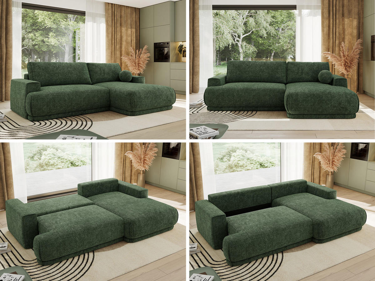 ECKSCHLAFSOFA RINA L Dunkelgrün Schenille grob gewebt - rechts - Dunkelgrün/Schwarz, Kunststoff/Textil (170/267cm) - MKS