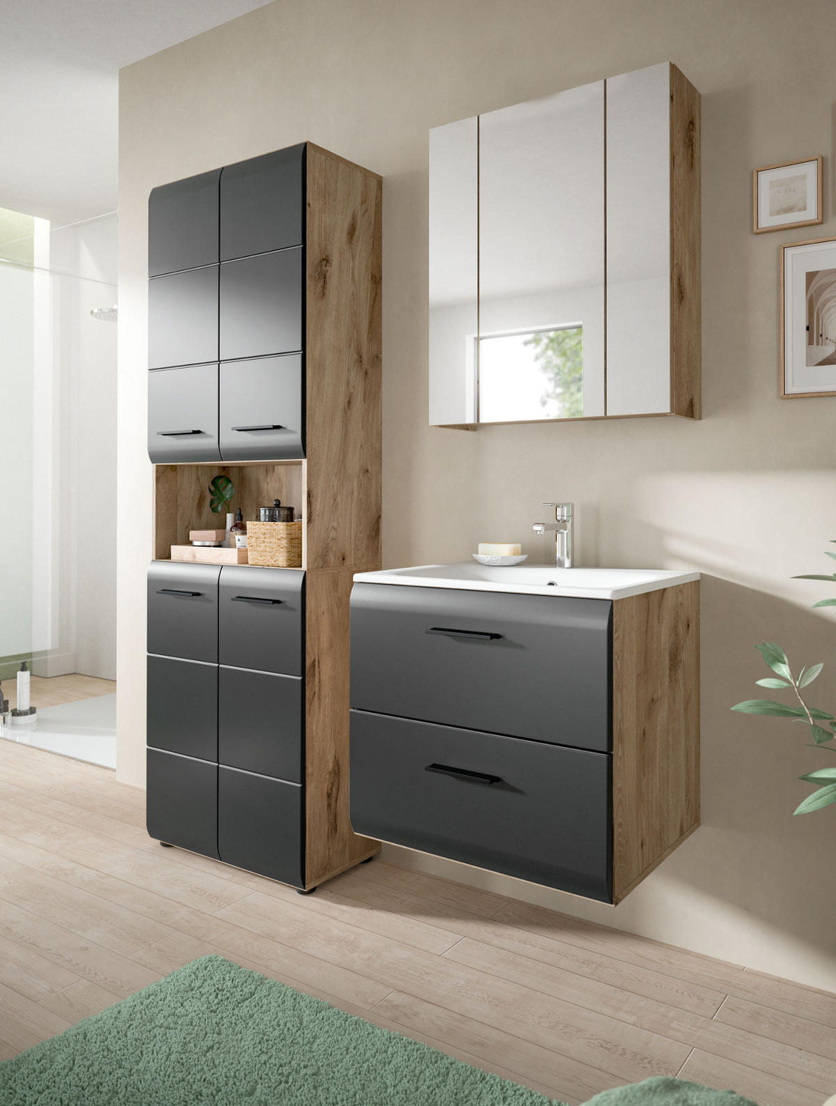 BADMÖBEL-SET schwarz matt, Nox Eiche 3-teilig, Badkombination inklusive Waschbecken - Eichefarben/Schwarz, Glas/Holzwerkstoff (135/185/46cm) - Inn.Furn