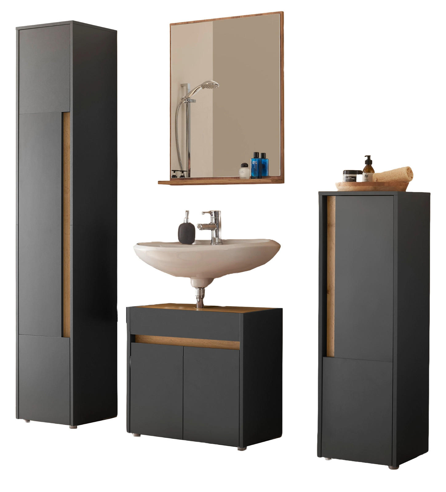 BADMÖBEL-SET 4-teilig grau matt, Wotan Eiche, Badkombination 168 cm - Eiche Wotan/Schwarz, Glas/Holzwerkstoff (171/200/34cm) - Furn.Design