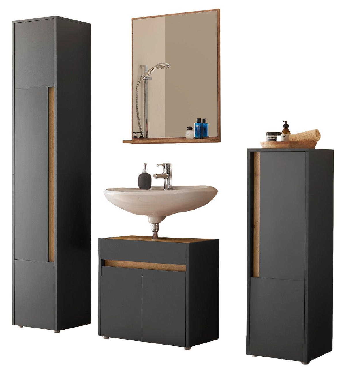 BADMÖBEL-SET 4-teilig grau matt, Wotan Eiche, Badkombination 168 cm - Eiche Wotan/Schwarz, Glas/Holzwerkstoff (171/200/34cm) - Furn.Design