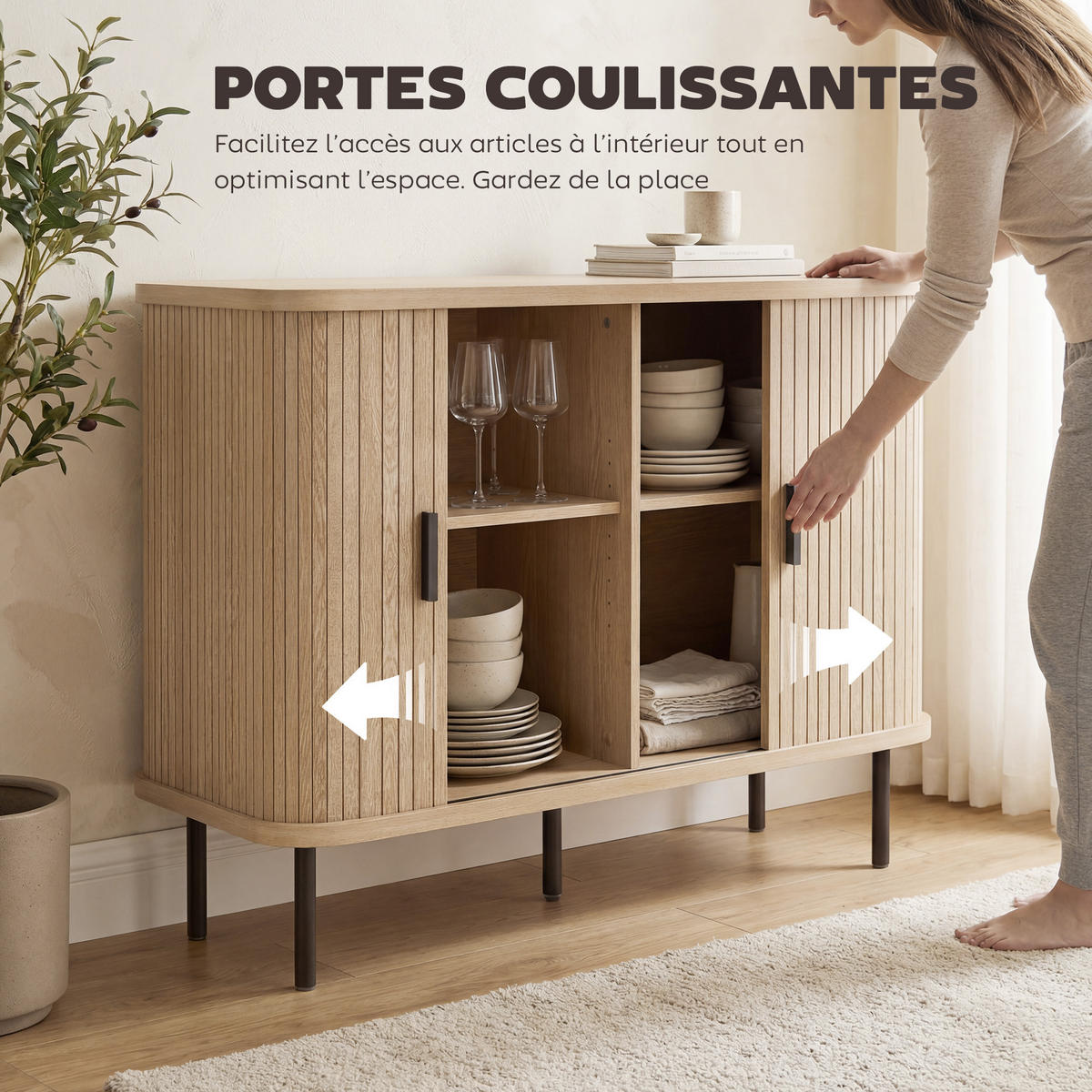 SIDEBOARD DE-11306 2 Schiebetüren Eiche/Schwarz - Eichefarben, Holzwerkstoff (100/75/40cm) - ComfortXL
