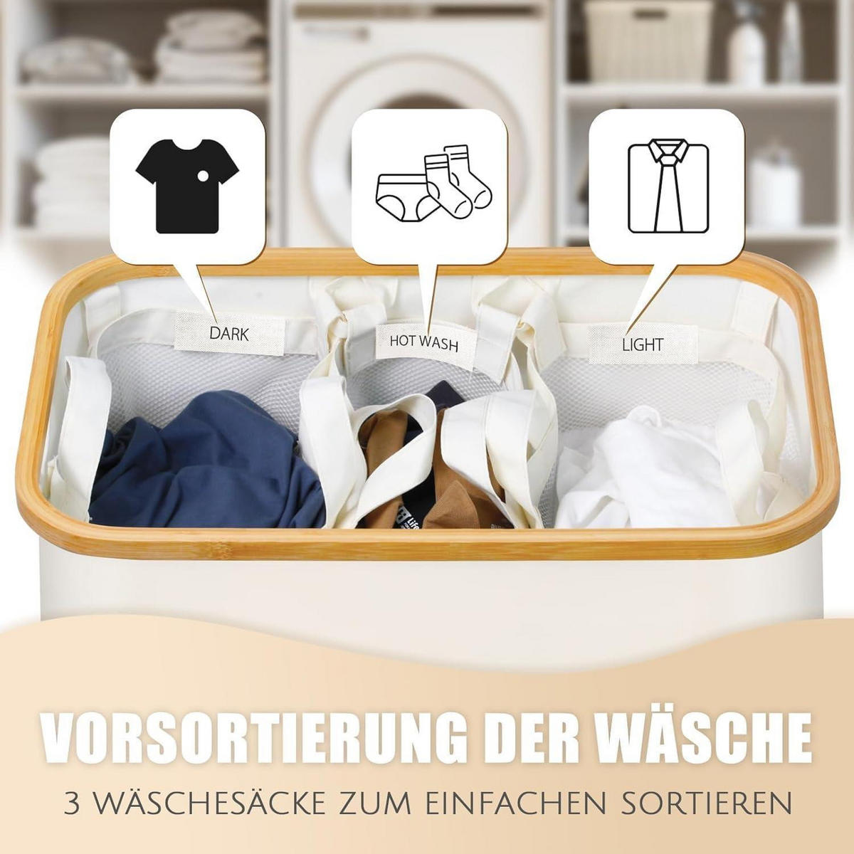 WÄSCHEKORB mit Deckel 145L 3 Fächer Beige - Beige, Textil (37/69/57cm)