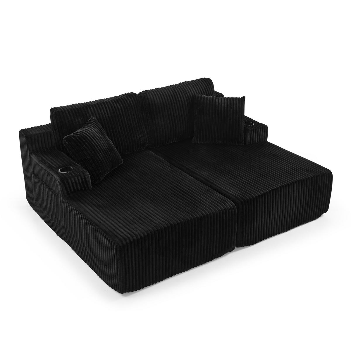 2-SITZER Schlafsofa aus Schaumstoff und Kordstoff Schwarz mit Magazintasche, Getränkehalter und abnehmbaren Kissen - Schwarz, Kunststoff (186/78/154cm) - Modfu