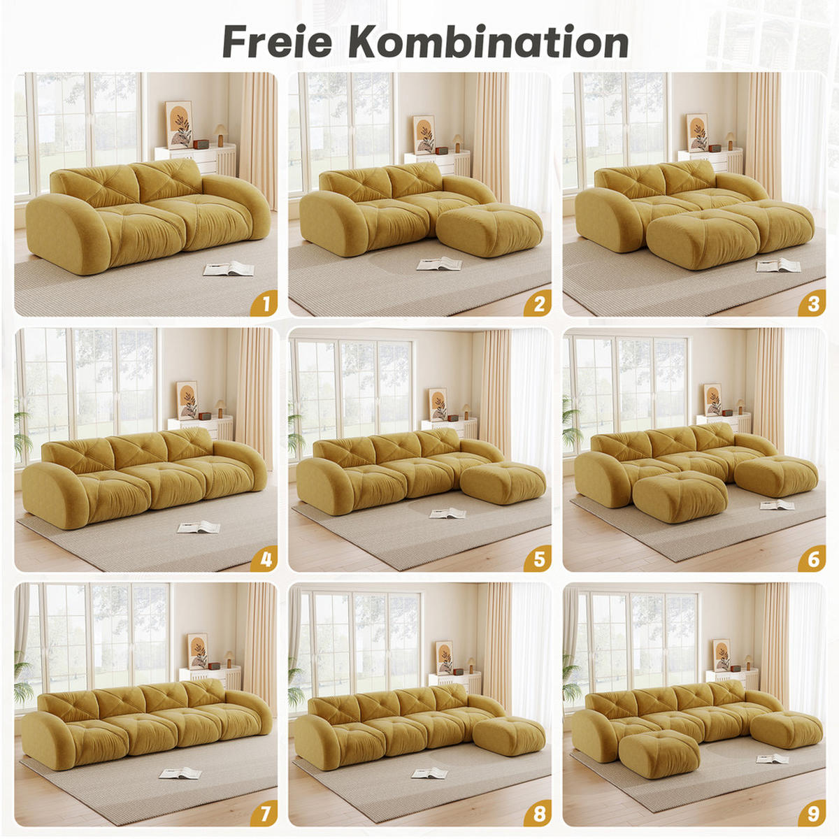 2-SITZER-SOFA Rahmenlos Mit Hocker 204x171cm Gelb Rutschfest - Gelb, Textil (171/76/204cm) - Raelunyi