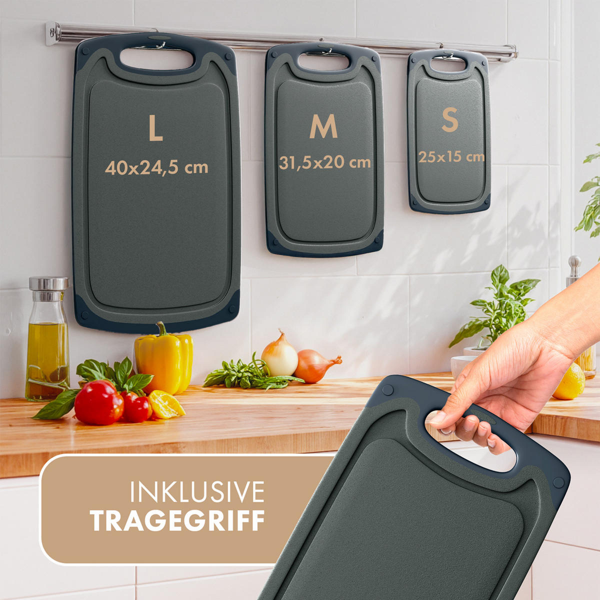 SCHNEIDEBRETT 3er Set Dunkelgrau - Dunkelgrau, Kunststoff (25/0.75cm) - Blumtal