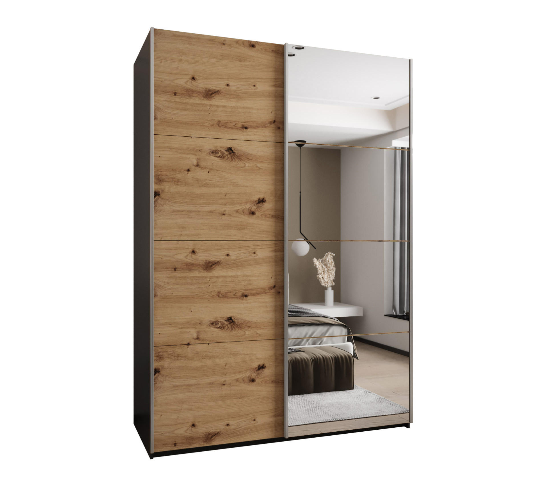 Abiks Möbel Schwebetürenschrank Schwarz, Eiche Artisan, Silber 170x245x64 cm