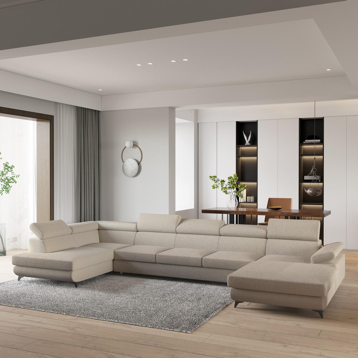 WOHNLANDSCHAFT MONTIVA Beige Boucle-Stoff mit Schlaffunktion - Beige, Holz (410/89/190cm) - MASSENO