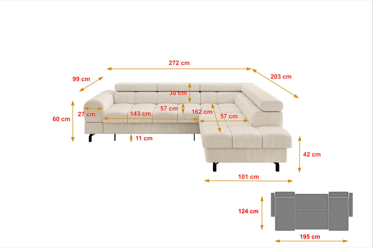 ECKSOFA mit Schlaffunktion Ottomane Rechts LUMA-L 272x203x70 Beige Cord - Beige/Schwarz, Holzwerkstoff/Kunststoff (203/272cm) - ALTDECOR