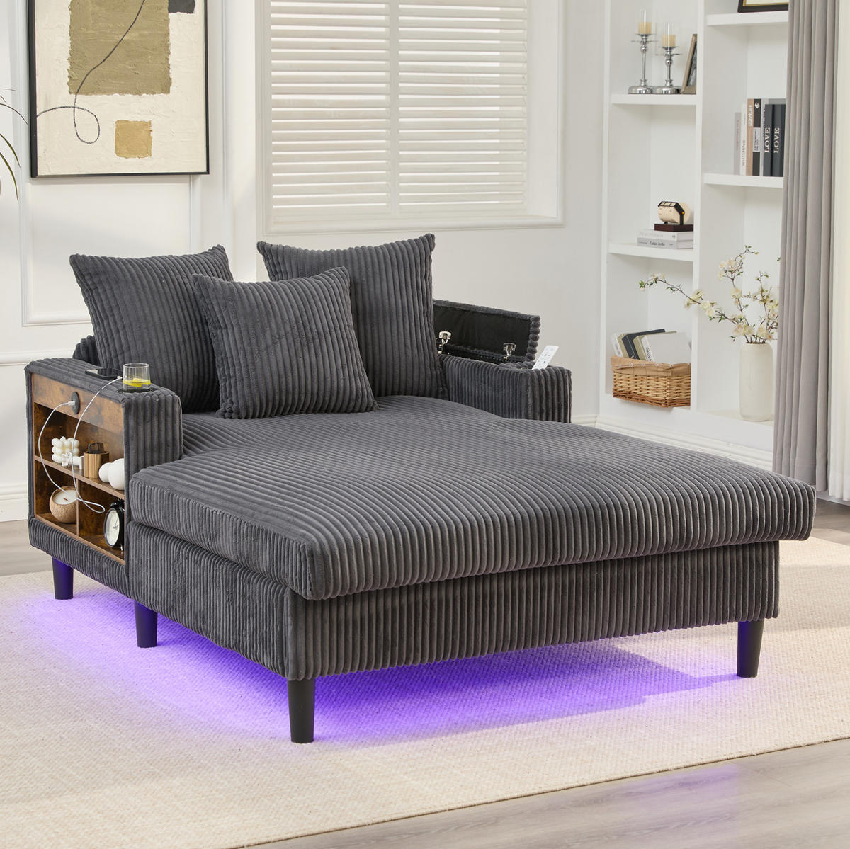 CHAISELONGUE mit Stauraum 129 x 170 cm Corduroy Dark Gray - Dunkelgrau, Holz (170/70/129cm) - Meubliv