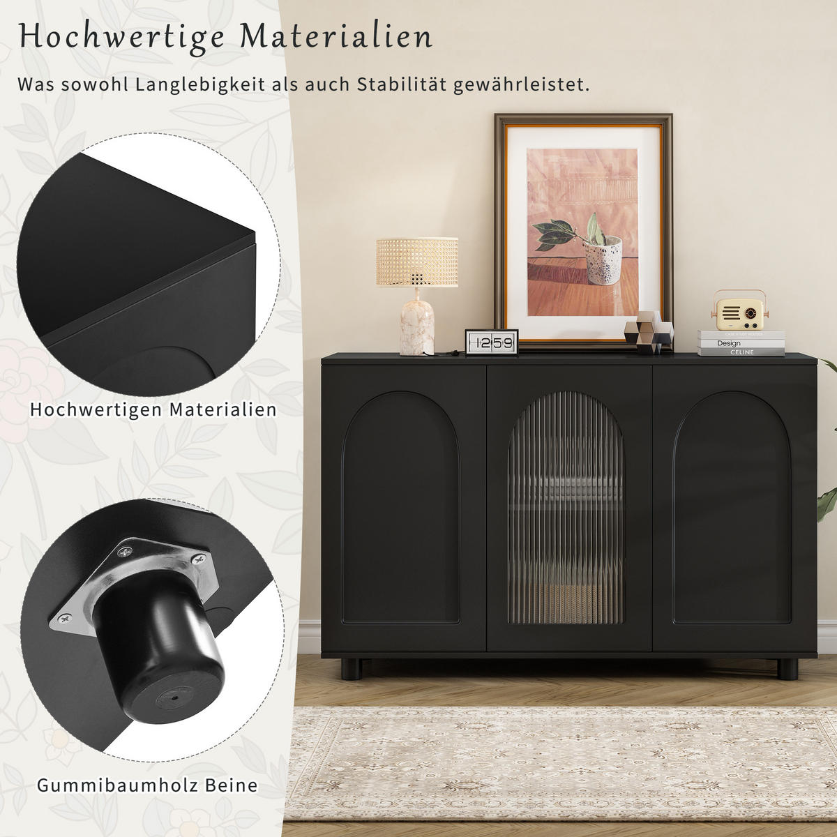 SIDEBOARD 120 cm Schwarz MDF mit Glastür, Push-to-Open und verstellbaren Regalen - Schwarz, Holzwerkstoff (120/78.5/40cm) - Urban Meuble